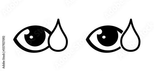 Eyedropper. Cartoon eye with eye drops, ophthalmology. Medical eye dropper icon or symbol. Blue eye drops. Line eye drop. Medicine water drop. Optometry and eye pictogram or logo.