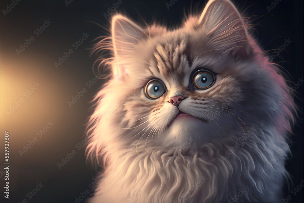 White surprised cat with a pink nose on a dark background with copyspace. AI generated.