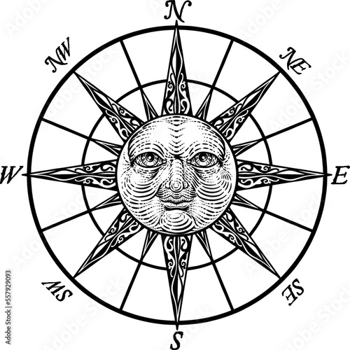 A compass rose with a sun face, drawing in a vintage etching woodcut style.