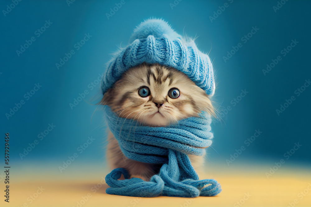 Cute kitten wearing a scarf and warm hat. Generative Ai Stock ...