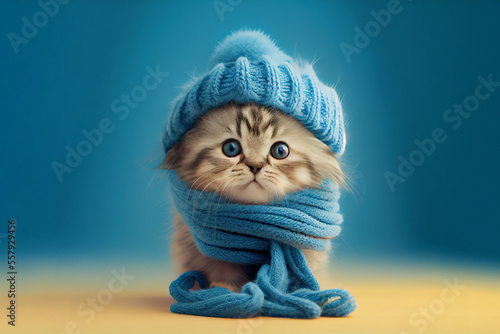 Canvas-taulu Cute kitten wearing a scarf and warm hat. Generative Ai