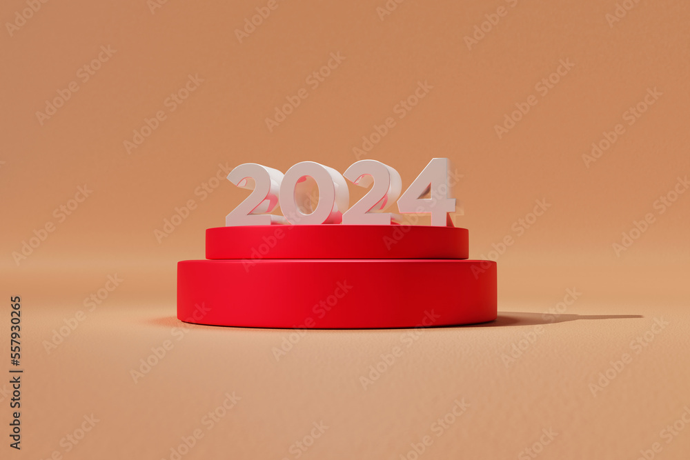 2024. New year. New year's resolutions. White glossy number 2023 on bright red stages in sandy colored studio setting. Digitally generated.
