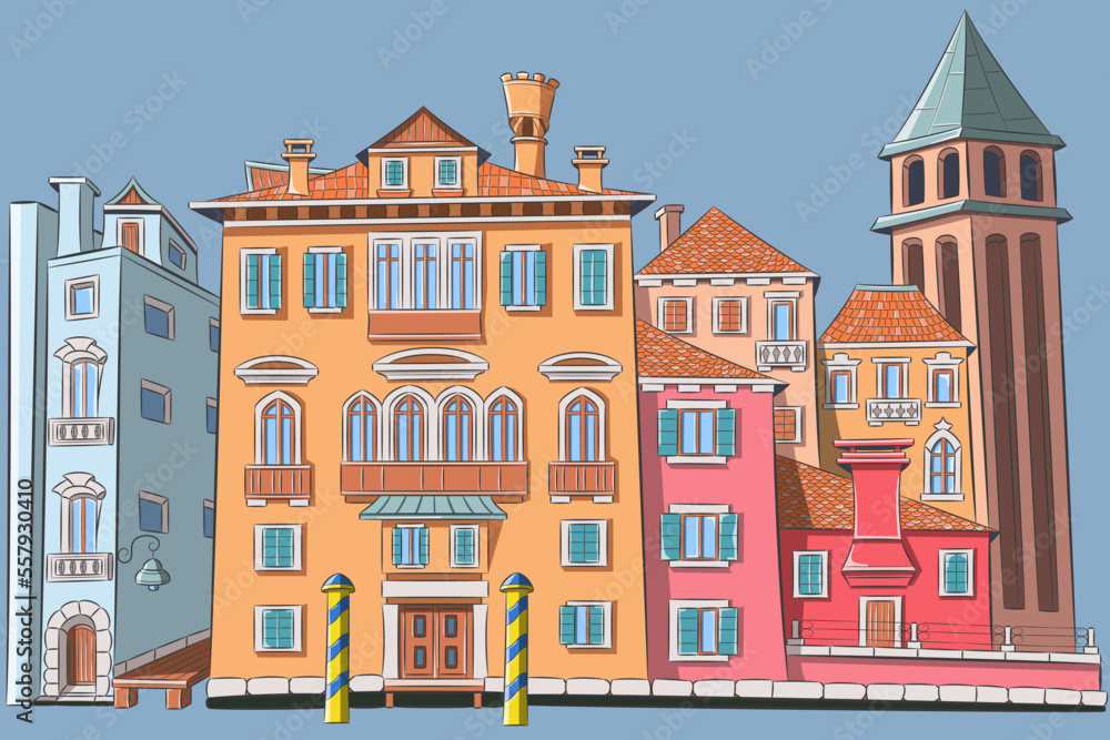 Color drawing of old multi-colored traditional Venetian houses and a jetty on the bank of a canal.