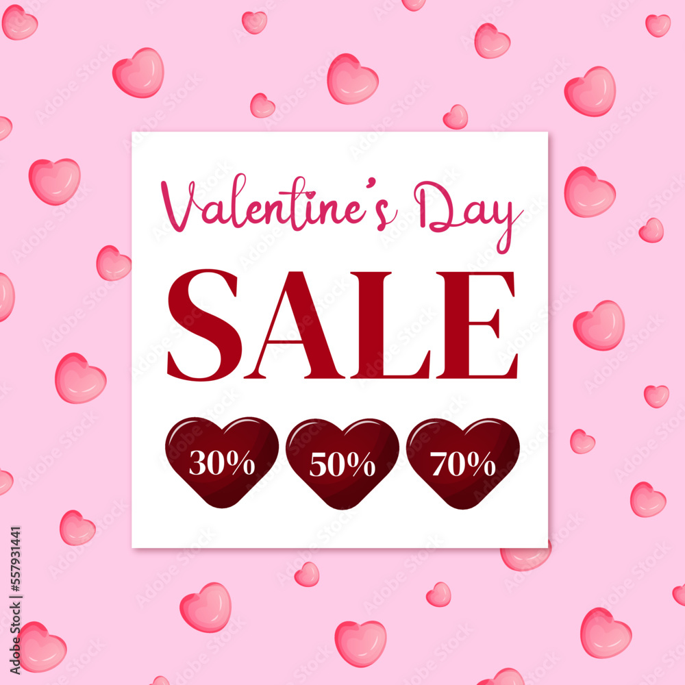 Valentines day sale 30%, 50% and 70% off vector banner illustration. Sale discount text for valentines day shopping promotion with hearts elements. 
