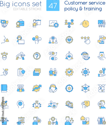 Customer service policy and training RGB color icons set. Business strategy. Isolated vector illustrations. Simple filled line drawings collection. Editable stroke. Quicksand-Light font used