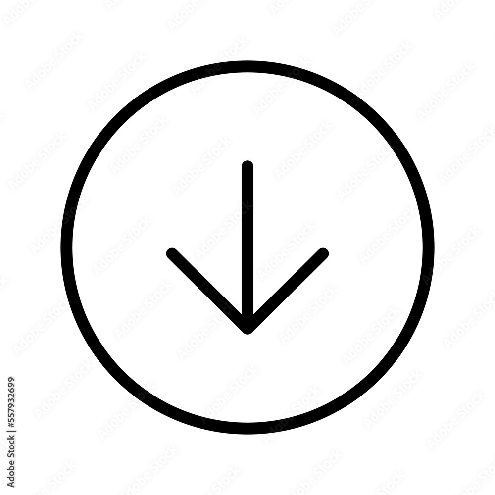 Arrow down circle icon line isolated on white background. Black flat thin icon on modern outline style. Linear symbol and editable stroke. Simple and pixel perfect stroke vector illustration. Arrow down circle icon line isolated on white background. Black flat thin icon on modern outline style. Linear symbol and editable stroke. Simple and pixel perfect stroke vector illustration.
