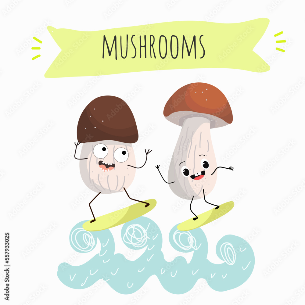 Illustration with mushrooms characters. Funny and healthy food. Vitamins, Food with a cute face, ingredients, vegetarianism, Vector cartoon, antioxidant, forest autumn harvest