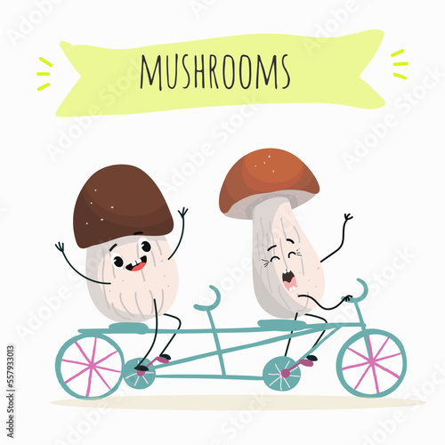 Illustration with mushrooms characters. Funny and healthy food. Vitamins, Food with a cute face, ingredients, vegetarianism, Vector cartoon, antioxidant, forest autumn harvest
