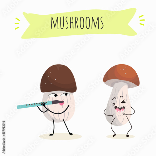 Illustration with mushrooms characters. Funny and healthy food. Vitamins, Food with a cute face, ingredients, vegetarianism, Vector cartoon, antioxidant, forest autumn harvest