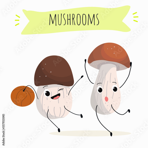 Illustration with mushrooms characters. Funny and healthy food. Vitamins, Food with a cute face, ingredients, vegetarianism, Vector cartoon, antioxidant, forest autumn harvest