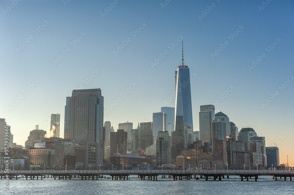 Obraz premium Cityscape with New York. Hudson River in Foreground, Trade Center and Manhattan in Background. NYC, USA