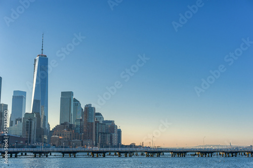 Cityscape with New York. Hudson River in Foreground, Trade Center and Manhattan in Background. NYC, USA