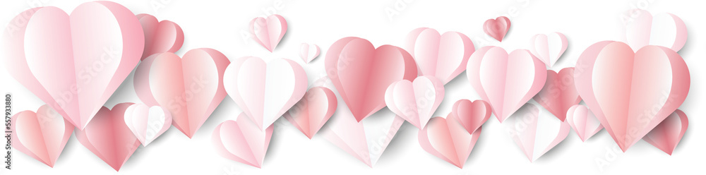Hearts border paper cut red, rose pink and white colors  decorations for Valentine's day design. Vector illustration. Isolated on transparent background.   