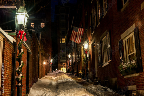 Beacon Hill Street in Boston. Long Exposure Night Photography. Acorn Street, Boston. Massachusetts, USA