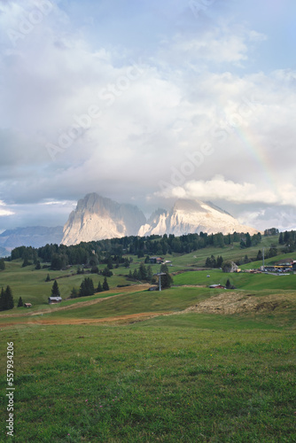 Wonderful panoramic view of the Alpe di Siusi in the dolomites mountains, South Tyrol, Italy