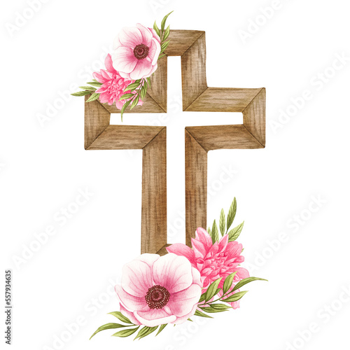 Pink floral cross. Easter illustration. Watercolor Wedding Cross. Baptism