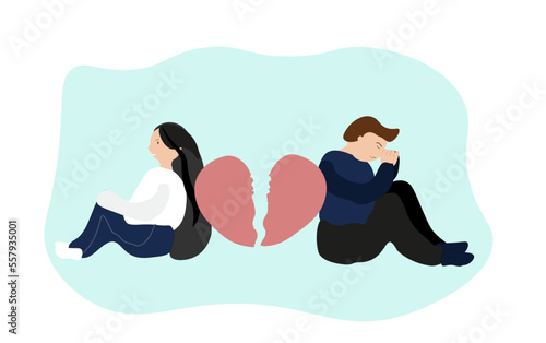The guy and the girl quarreled and were in pain. Break up. Destroy relationship vector illustration. broken heart symbol