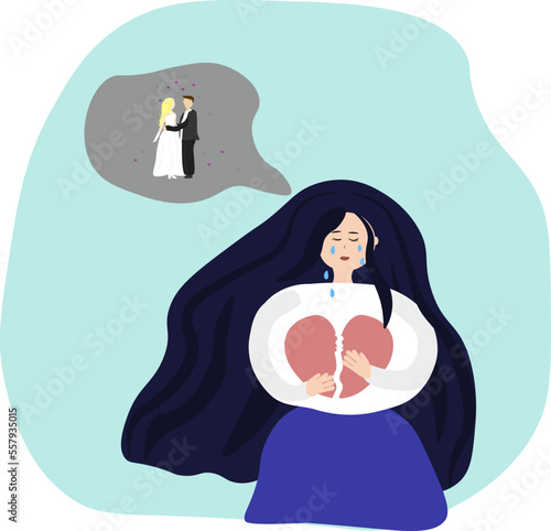 The girl is upset because her boyfriend married someone else and cheated on her vector illustration. woman cry, her heart is broken