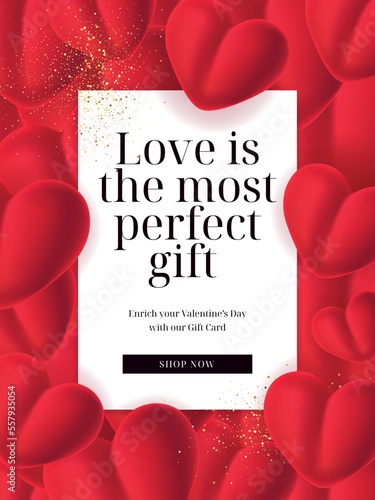 Valentine's Day gift card, event flyer, poster with 3d hearts