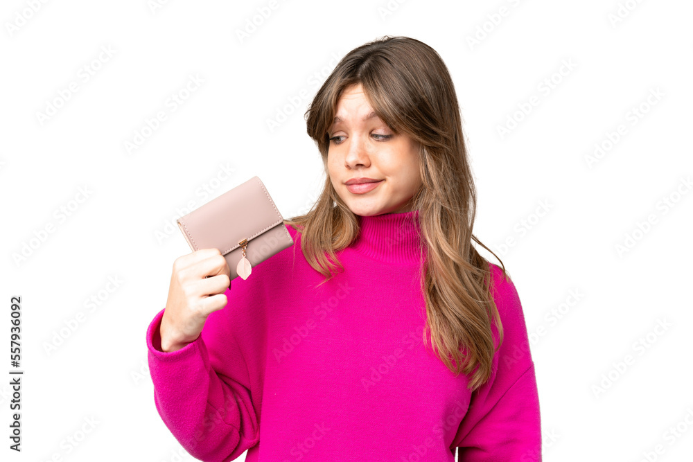 Young girl holding a wallet over isolated chroma key background with sad expression Young girl holding a wallet over isolated chroma key background with sad expression