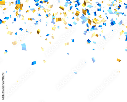 Falling blue and yellow cut out foil ribbon confetti background with space for text..