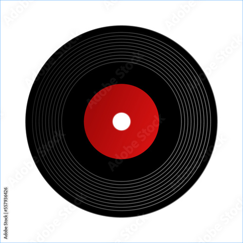 Vinyl records set. Black and red record for award or certification. Collection of retro music players and cassette recorder. Isolated flat illustration vector on white background