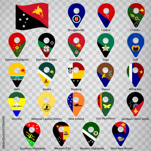 Twenty two flags the Provinces of Papua New Guinea - alphabetical order with name.  Set of 2d geolocation signs like flags Papua New Guinea. Twenty two 2d geolocation signs for your design. EPS10