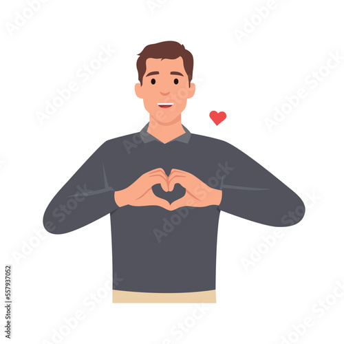 Young man making or gesturing heart symbol with fingers. Male character design illustration. Modern lifestyle, healthcare, love concept in vector cartoon flat style. Flat vector illustration isolated