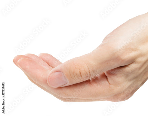 Outstretched hand gesture, holding, asking or offering something, isolated on white background