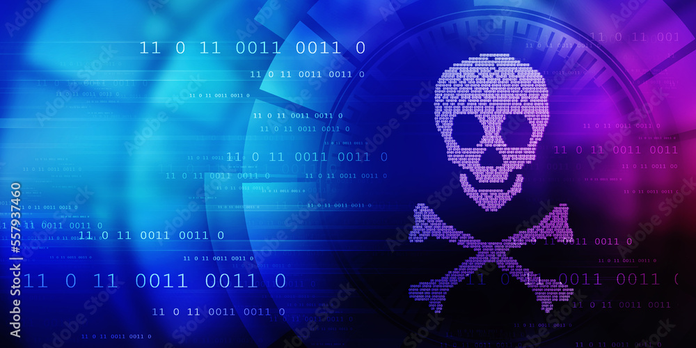 2d rendering Digital skull and crossbones on binary code 2d rendering Digital skull and crossbones on binary code