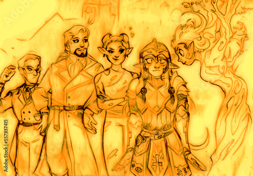 Photos Illustration of a group of fantasy characters, with elves, a demon, a human and