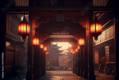 Ancient China town. 3D illustration image. 