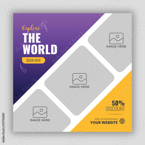 Editable template post for social media ad. Instagram template post. web banner ads for travel promotion .design with blue and yellow color.