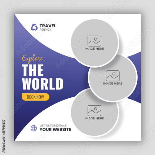 social media post template for travel holiday tourism marketing and sale promo. tour advertising. banner offer. promotional mockup photo vector frame illustration