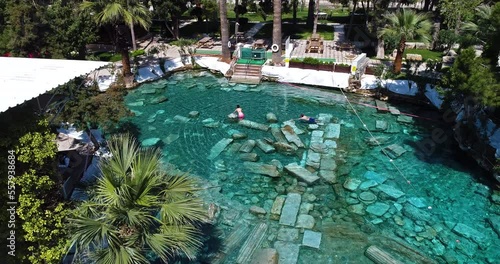 denizli Pamukkale historical thermal pool and drone view of historical monuments