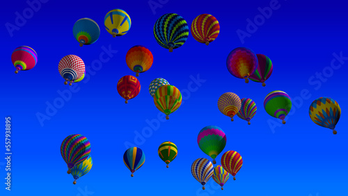 Group of hot air balloons with vivid colors and geometric designs flying on a sunny day with cloudless blue sky. 3d Illustration