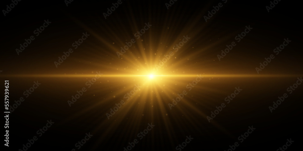 Horizontal golden sparkling light effect with glowing dust isolated on black background. Vector illustration