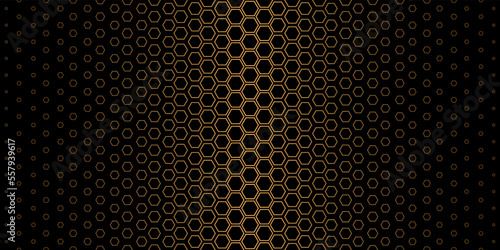 Abstract geometric hexagonal pattern. Fashion design of golden hexagons on black background. Vector Illustration