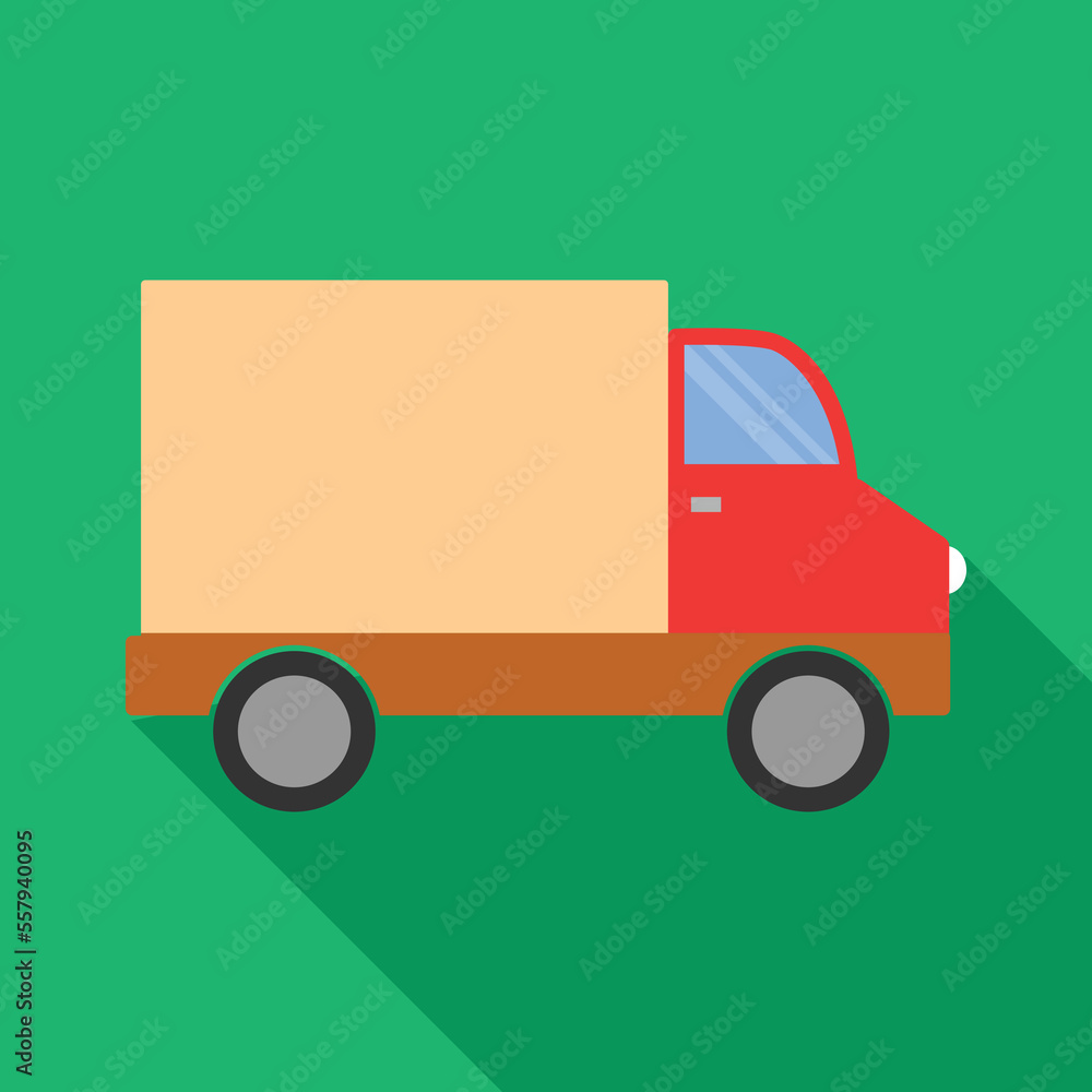 The delivery cargo truck vehicle icon is isolated with a long shadow. Red circle button. Vector Illustration stock illustration