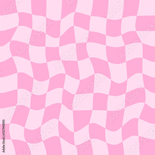 Twisted checkered colorful background. Abstract vector seamless pattern. Retro wavy psychedelic checkerboard. Pink colors