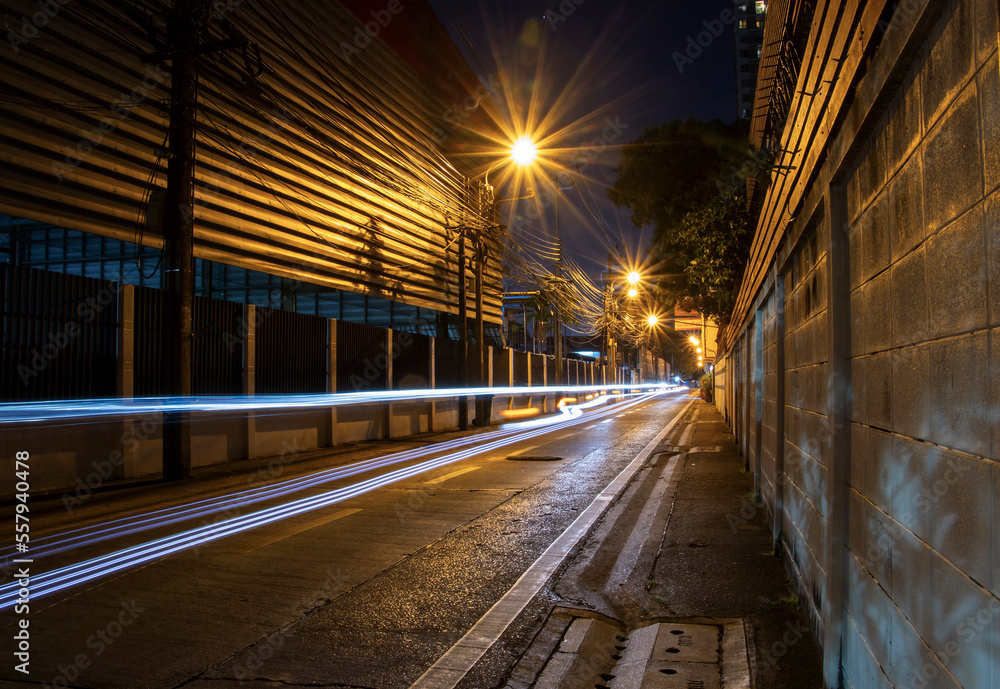City street at night, long exposure light trails