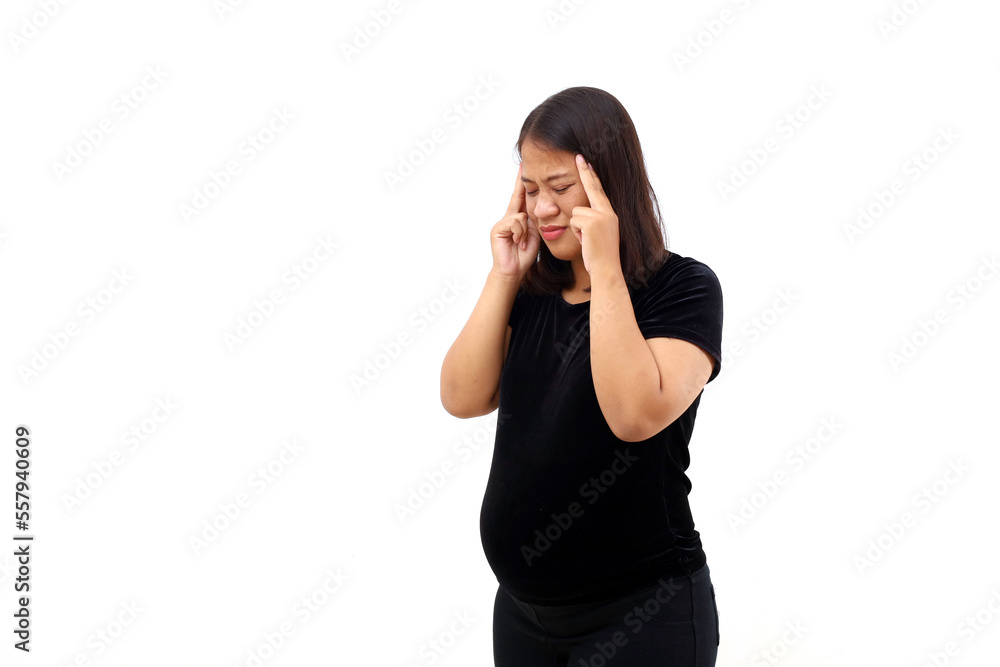Asian pregnant woman suffering from headache. Isolated on white background Asian pregnant woman suffering from headache. Isolated on white background