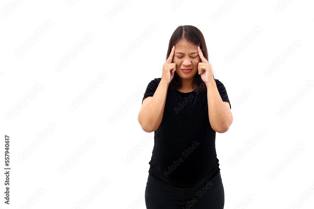 Asian pregnant woman suffering from headache. Isolated on white background Asian pregnant woman suffering from headache. Isolated on white background