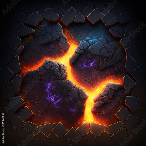 Cracked ground with hot glowing lava veins illustration perfect for video game design. Cracked lava ground texture. Game asset. Generative AI