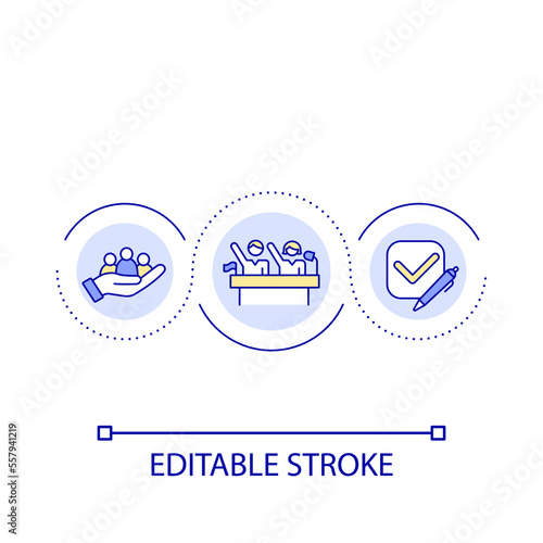 Political activism loop concept icon. Conduct social poll. Motivating public speakers. Voting abstract idea thin line illustration. Isolated outline drawing. Editable stroke. Arial font used