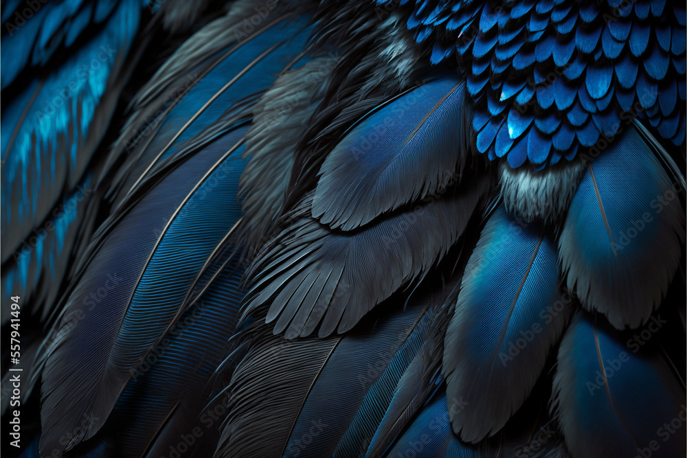 Obraz premium Blue and black jay bird feathers closeup, Generative AI