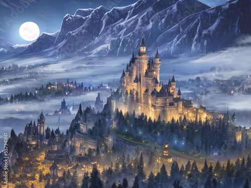 landscape of a city with a castle at night with mountains in the background © Wurzeldieb
