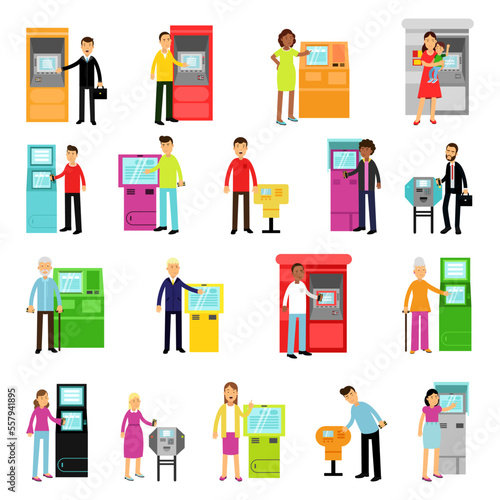 People using modern ATM machines set. Customers performing electronic transactions. Money deposit and withdrawal cartoon vector