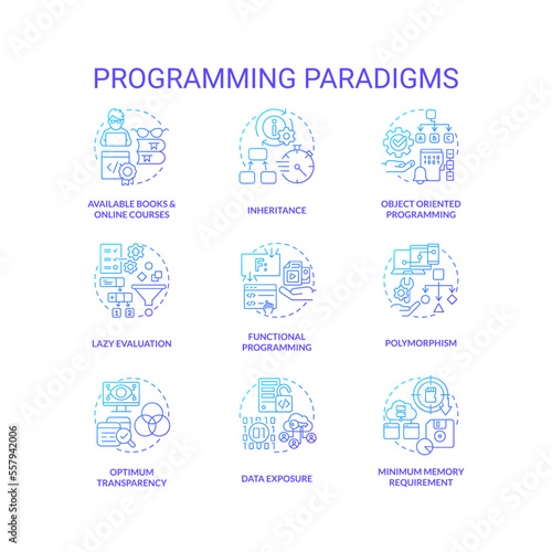 Programming paradigms blue gradient concept icons set. Coding styles idea thin line color illustrations. Advantages and disadvantages. Isolated symbols. Roboto-Medium, Myriad Pro-Bold fonts used