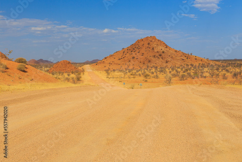 Namibian landscape along the gravel road. Damaraland, homelands in South West Africa, Namibia.